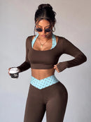 StreetHx Conjunto de Esportes, Ioga, Outdoor e Academia para Mulheres, Camiseta Justa de Manga Longa com Contraste de Cores 2 em 1, Calça Flare Justa com Cintura em V Contrastante