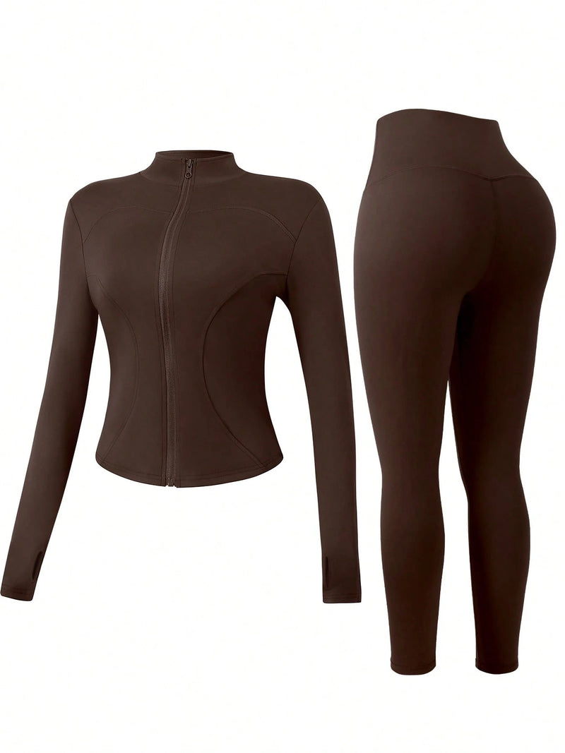 NcmRyu Conjunto Feminino de Moda com Zíper Elástico, Design de Gola Alta, Cintura Marcada e Efeito Levantador de Quadril, Manga Longa e Calça Longa para Exercícios