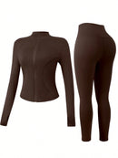 NcmRyu Conjunto Feminino de Moda com Zíper Elástico, Design de Gola Alta, Cintura Marcada e Efeito Levantador de Quadril, Manga Longa e Calça Longa para Exercícios