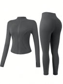 NcmRyu Conjunto Feminino de Moda com Zíper Elástico, Design de Gola Alta, Cintura Marcada e Efeito Levantador de Quadril, Manga Longa e Calça Longa para Exercícios