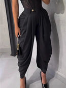 Calça Casual Feminina de Cintura Alta, Solta, Plissada e Assimétrica, Fechamento com Botão, Estilo Relaxado, Tecido de Linho de Alta Qualidade, Primavera e Outono