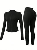 NcmRyu Conjunto Feminino de Moda com Zíper Elástico, Design de Gola Alta, Cintura Marcada e Efeito Levantador de Quadril, Manga Longa e Calça Longa para Exercícios