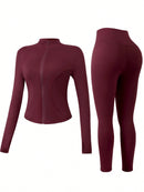 NcmRyu Conjunto Feminino de Moda com Zíper Elástico, Design de Gola Alta, Cintura Marcada e Efeito Levantador de Quadril, Manga Longa e Calça Longa para Exercícios