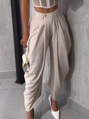 Calça Casual Feminina de Cintura Alta, Solta, Plissada e Assimétrica, Fechamento com Botão, Estilo Relaxado, Tecido de Linho de Alta Qualidade, Primavera e Outono