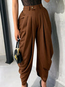 Calça Casual Feminina de Cintura Alta, Solta, Plissada e Assimétrica, Fechamento com Botão, Estilo Relaxado, Tecido de Linho de Alta Qualidade, Primavera e Outono