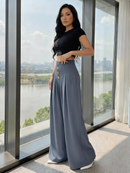 Vendedor IndicadoCalça Pantalona Feminina Solta, de Cor Sólida, com Botões na Frente e Pregas P M G