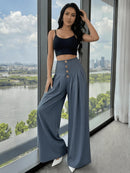 Vendedor IndicadoCalça Pantalona Feminina Solta, de Cor Sólida, com Botões na Frente e Pregas P M G