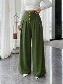 Vendedor IndicadoCalça Pantalona Feminina Solta, de Cor Sólida, com Botões na Frente e Pregas P M G