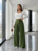 Vendedor IndicadoCalça Pantalona Feminina Solta, de Cor Sólida, com Botões na Frente e Pregas P M G