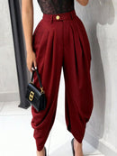 Calça Casual Feminina de Cintura Alta, Solta, Plissada e Assimétrica, Fechamento com Botão, Estilo Relaxado, Tecido de Linho de Alta Qualidade, Primavera e Outono