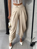 Calça Casual Feminina de Cintura Alta, Solta, Plissada e Assimétrica, Fechamento com Botão, Estilo Relaxado, Tecido de Linho de Alta Qualidade, Primavera e Outono