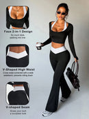 StreetHx Conjunto de Esportes, Ioga, Outdoor e Academia para Mulheres, Camiseta Justa de Manga Longa com Contraste de Cores 2 em 1, Calça Flare Justa com Cintura em V Contrastante