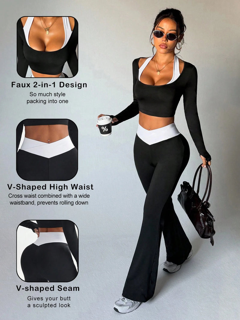 StreetHx Conjunto de Esportes, Ioga, Outdoor e Academia para Mulheres, Camiseta Justa de Manga Longa com Contraste de Cores 2 em 1, Calça Flare Justa com Cintura em V Contrastante