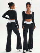 StreetHx Conjunto de Esportes, Ioga, Outdoor e Academia para Mulheres, Camiseta Justa de Manga Longa com Contraste de Cores 2 em 1, Calça Flare Justa com Cintura em V Contrastante