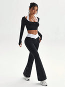 StreetHx Conjunto de Esportes, Ioga, Outdoor e Academia para Mulheres, Camiseta Justa de Manga Longa com Contraste de Cores 2 em 1, Calça Flare Justa com Cintura em V Contrastante