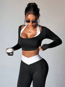 StreetHx Conjunto de Esportes, Ioga, Outdoor e Academia para Mulheres, Camiseta Justa de Manga Longa com Contraste de Cores 2 em 1, Calça Flare Justa com Cintura em V Contrastante