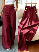 Elenzga Calça Longa Casual Solta de Perna Larga com Design de Botão e Listras para Mulheres