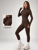 NcmRyu Conjunto Feminino de Moda com Zíper Elástico, Design de Gola Alta, Cintura Marcada e Efeito Levantador de Quadril, Manga Longa e Calça Longa para Exercícios