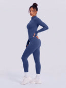 NcmRyu Conjunto Feminino de Moda com Zíper Elástico, Design de Gola Alta, Cintura Marcada e Efeito Levantador de Quadril, Manga Longa e Calça Longa para Exercícios