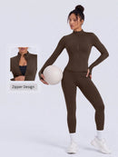 NcmRyu Conjunto Feminino de Moda com Zíper Elástico, Design de Gola Alta, Cintura Marcada e Efeito Levantador de Quadril, Manga Longa e Calça Longa para Exercícios
