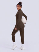 NcmRyu Conjunto Feminino de Moda com Zíper Elástico, Design de Gola Alta, Cintura Marcada e Efeito Levantador de Quadril, Manga Longa e Calça Longa para Exercícios