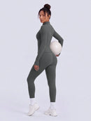 NcmRyu Conjunto Feminino de Moda com Zíper Elástico, Design de Gola Alta, Cintura Marcada e Efeito Levantador de Quadril, Manga Longa e Calça Longa para Exercícios