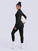 NcmRyu Conjunto Feminino de Moda com Zíper Elástico, Design de Gola Alta, Cintura Marcada e Efeito Levantador de Quadril, Manga Longa e Calça Longa para Exercícios