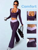 StreetHx Conjunto de Esportes, Ioga, Outdoor e Academia para Mulheres, Camiseta Justa de Manga Longa com Contraste de Cores 2 em 1, Calça Flare Justa com Cintura em V Contrastante