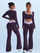 StreetHx Conjunto de Esportes, Ioga, Outdoor e Academia para Mulheres, Camiseta Justa de Manga Longa com Contraste de Cores 2 em 1, Calça Flare Justa com Cintura em V Contrastante