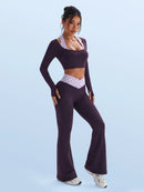 StreetHx Conjunto de Esportes, Ioga, Outdoor e Academia para Mulheres, Camiseta Justa de Manga Longa com Contraste de Cores 2 em 1, Calça Flare Justa com Cintura em V Contrastante