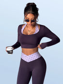 StreetHx Conjunto de Esportes, Ioga, Outdoor e Academia para Mulheres, Camiseta Justa de Manga Longa com Contraste de Cores 2 em 1, Calça Flare Justa com Cintura em V Contrastante