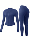 NcmRyu Conjunto Feminino de Moda com Zíper Elástico, Design de Gola Alta, Cintura Marcada e Efeito Levantador de Quadril, Manga Longa e Calça Longa para Exercícios
