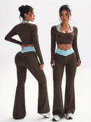 StreetHx Conjunto de Esportes, Ioga, Outdoor e Academia para Mulheres, Camiseta Justa de Manga Longa com Contraste de Cores 2 em 1, Calça Flare Justa com Cintura em V Contrastante