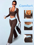 StreetHx Conjunto de Esportes, Ioga, Outdoor e Academia para Mulheres, Camiseta Justa de Manga Longa com Contraste de Cores 2 em 1, Calça Flare Justa com Cintura em V Contrastante