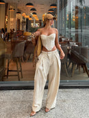 Conjunto Feminino Casual Primavera 2026: Camisola Estampada com Recortes Laterais e Alças Finas e Calça Pantalona - Moda Boho Elegante