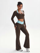 StreetHx Conjunto de Esportes, Ioga, Outdoor e Academia para Mulheres, Camiseta Justa de Manga Longa com Contraste de Cores 2 em 1, Calça Flare Justa com Cintura em V Contrastante