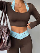 StreetHx Conjunto de Esportes, Ioga, Outdoor e Academia para Mulheres, Camiseta Justa de Manga Longa com Contraste de Cores 2 em 1, Calça Flare Justa com Cintura em V Contrastante
